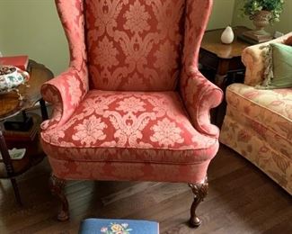 #31 (2) coral wing back chairs by Farington 2@ 125 ea.   #32 needle point stool with rose on top  $ 75.00