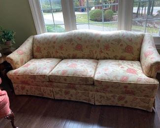 #34 yellow coral flower skirted camel back sofa 7 foot  $ 100.00