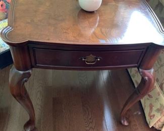 #36 Hekman end table w burled wood and 1 drawer 21x26x24  $ 200.00