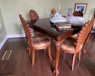 #40 mahogany game table square on queen Anne legs w 4 shell chairs 42x30  $ 500.00