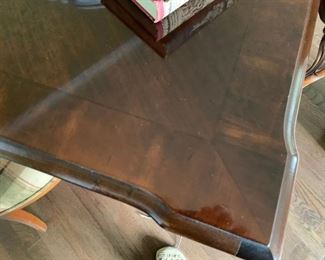 #40 mahogany game table square on queen Anne legs w 4 shell chairs 42x30  $ 500.00