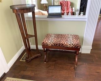 #42 leopard print velvet stool 26x16x20  $ 65.00 #43 tall end table round with 2 shelves and metal edge on top 16x43  $ 100.00