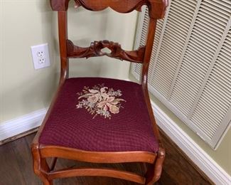 #44 rose back dining chair w needle point seat  $ 75.00