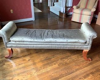 #47 bench with arms greenish gray w wood legs 66 long  $ 150.00