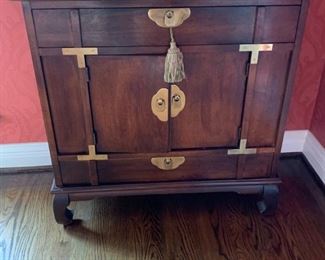 #49 mahogany cabinet w 2 drawers and 2 doors with Asian look 30x14x30  $ 275.00