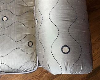 #47 bench with arms greenish gray w wood legs 66 long  $ 150.00