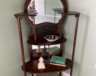 #58 antique wash stand with 4 shelves carve back and bevel mirror 29x12x54 as is  $ 175.00