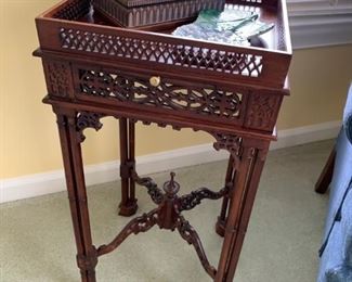 #61 vintage square Eastlake end table w pull out cup holder 13x27  $ 126.00