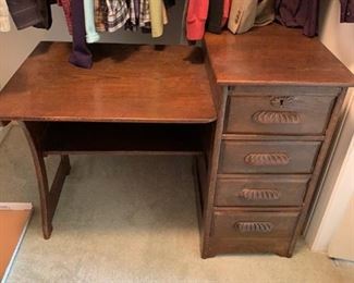 #68 vintage school desk with flat top w self under and 4 drawers w wood handle 40x24x31  $ 200.00