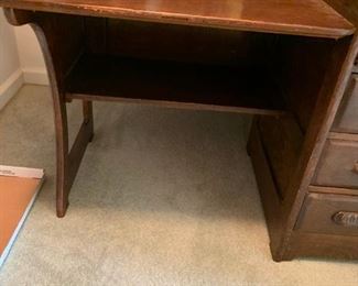 #68 vintage school desk with flat top w self under and 4 drawers w wood handle 40x24x31  $ 200.00