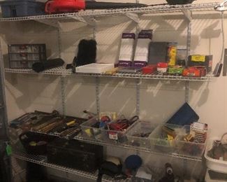 Tools, small tool boxes, air tank, blower, trimmer, and misc