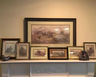 "Sorghum Mill", 1976 large framed print & 6 smaller framed prints by artist, Ben Hampton. On left is a pewter dish shaped like a duck & on the right is a small heart-shaped pinecone wreath.