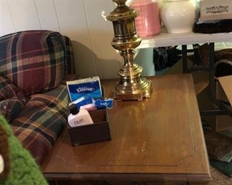 One of two matching wood end tables & picture of the brass lamp w/ shade. Small table accessory.