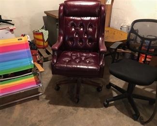 Lazy Boy mahogany leather office chair, black fabric office chair & beach chair. 