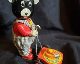 Tin Walking Bear with Lawnmower
