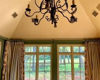 Large Iron Chandelier, Pella Windows with Transoms, Custom Draperies
