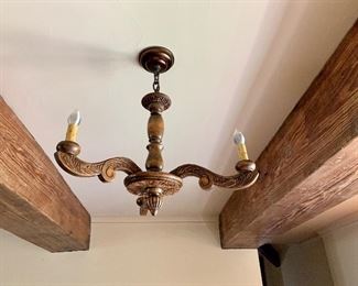 Hand Carved Wood 3 Light Chandelier