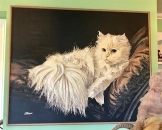 Very large, delightful, cat by Letterman..... The process of screen printing oil paints onto canvas. 
1970s-80s