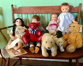 Steiff, Patsy and friends on an amazing early 19th century bench.