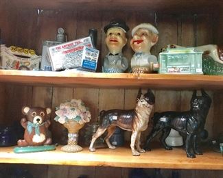 Jim Beam collectible bottles and cast iron door stops