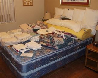 Queen Bed, End Tables/Lamps, Topper, Pillows, Sheet Sets, & Towels