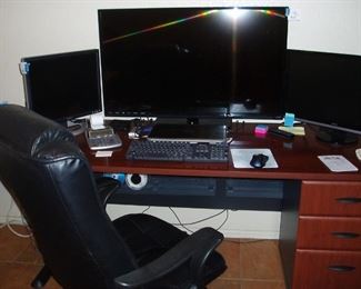 Bushes Office Desk & File Cabinet, Chair, & Monitors