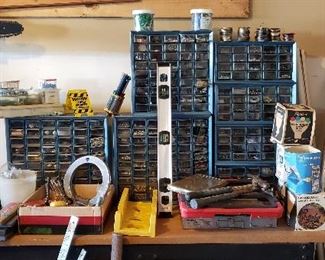 Assortment of bolts, screws and nails including organizers