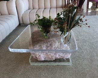 Massive single stone rose quartz and lucite coffee table!