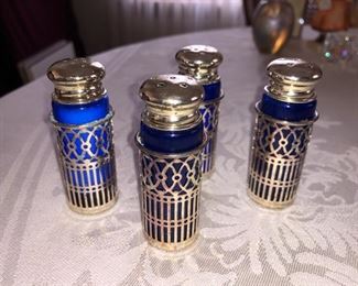 Cobalt blue glass and silver salt and pepper shakers