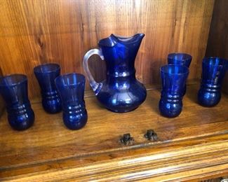 Hand blown blue glasses and pitcher 