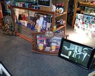 Large ! Labatt  Blue Mirror...Pulp Fiction 3 d Picture..Vintage Black Label sign...Political Buttons top right and more