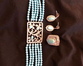 3 PIECE TURQUOIS STERLING AND DIAMOND SET