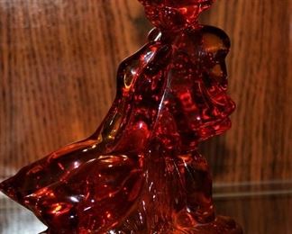 Red amberina glass, Hummel girl with two geese.