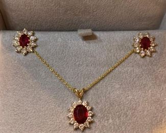 Gold, Ruby and Diamond Earring and Necklace Set