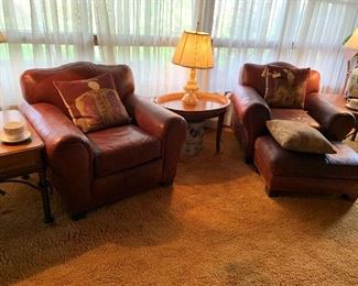 Vintage Ethan Allen Rust Leather Chairs and Ottoman