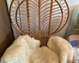Vintage Wicker Peacock Chair with Sheep Skin Rugs