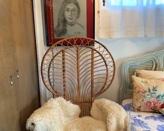 Vintage Wicker Peacock Chair with Sheep Skin Rugs