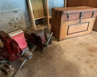 Bench Vises and Antique Wooden Tool Box