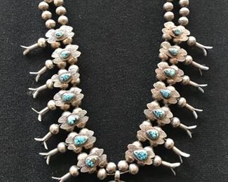 Native American Sterling & Turquoise Squash Blossom Necklace