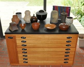 Architectural Drawing Cabinet with pottery by Margarite Wildenhain, Don Pilcher, Alan Vigland and more