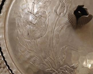 Aluminum Hammered Covered Casserole Serving Dish with Rose Design