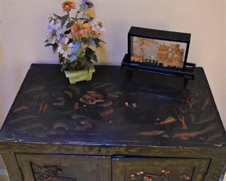 Antique Black Lacquer Chinese Cupboard detailing of Hand Painted Top