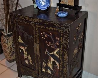 Antique Black Lacquer Chinese Cupboard Inlayed with Mother of Peral, Wood and Stone or Jade