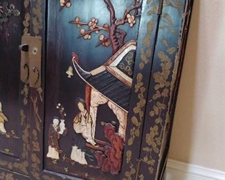 Antique Black Lacquer Chinese Cupboard Inlaid with Mother of Peral, Wood and Stone or Jade front