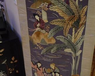 Chinese Silk Hand Embroidered Wall Hangings, Vintage Pair
