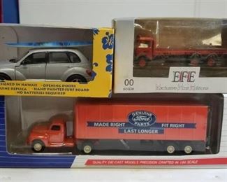 1 lot, AHL "Ford Parts" semi, 1/64 / Chevy Surf Car w/surf board / EFE "Wimpey" duel truck, 00 scale, NIB