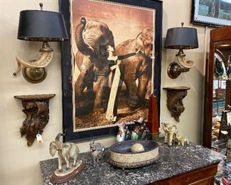 Pair of rams horn lighted sconces
