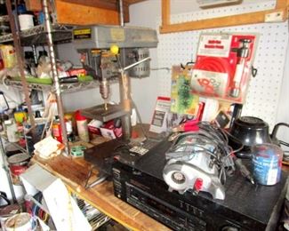 Stereo amplifiers (3) and drill press
