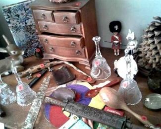 Crystal bells, jewelry case, oriental knives in teak scabbard & other oddities