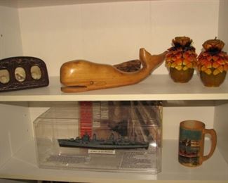 Whale carving, vintage photos, model ship